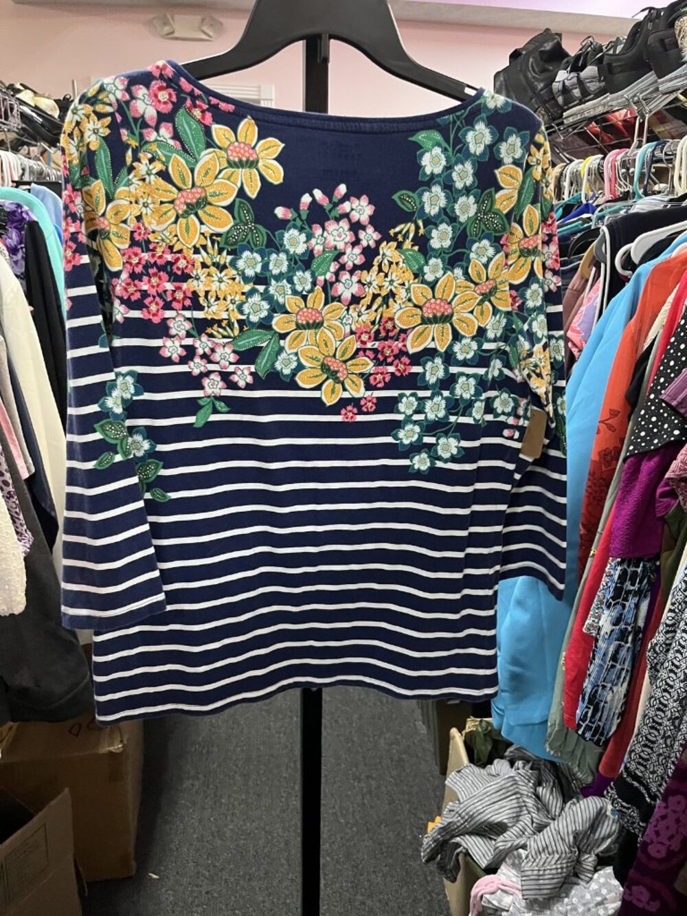 Talbots Size Large (L) Talbots Women's Long Sleeve Floral Embroidered Striped T- - Picture 3 of 6